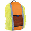 The YK152 backpack cover by Yoko is displayed in vibrant yellow and orange hues with reflective gray stripes. It includes a black mesh pocket on the front, a handle on top, and has the brand name "Yoko" visible on the blue label of the pocket.