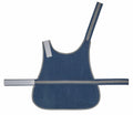 Introducing the YK180 by Yoko, a blue denim apron featuring a single shoulder strap, waist ties, light gray edge accents, and Velcro fastenings.