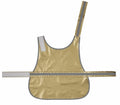 The YK180 by Yoko is a gold-colored apron featuring reflective strips on one shoulder strap and the waist tie. It boasts a sleek design with adjustable straps for fastening.