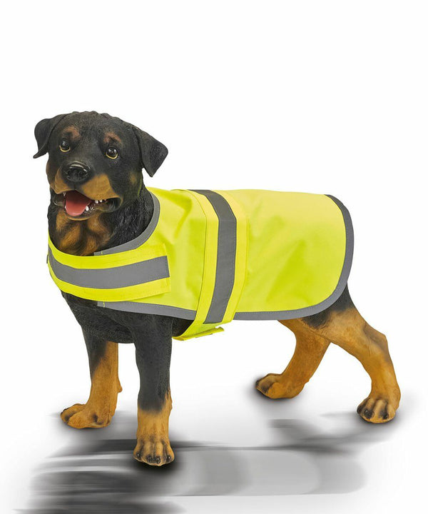 A Rottweiler dog stands wearing a Yoko YK180 bright yellow reflective safety vest with grey stripes.