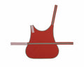 The Yoko YK180 apron in red, featuring a beige trim, is displayed laid flat. It includes a neck strap and an adjustable waist strap with Velcro fastening, offering a simple and functional design.