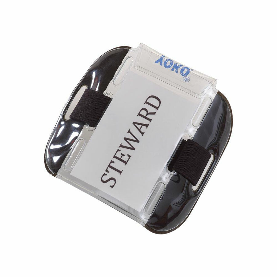 A Yoko YK202 steward armband featuring black elastic straps and a clear pocket designed for holding an identification card.