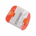 A Yoko YK202 badge holder featuring an orange color with a transparent front pocket and matching strap. Inside the pocket, there's a white card displaying the word STEWARD in black text.