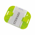 The Yoko YK202 badge is rectangular and transparent, featuring the word "STEWARD" printed on it. It comes encased in a vibrant green holder with two adjustable straps, and the word "OKAY" is displayed at the top of the badge.