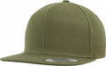 An olive green YP001 baseball cap from Flexfit By Yupoong, featuring a flat brim and a round top. The cap includes a small sticker on the brim for size and brand information, with smooth and uniform fabric texture.