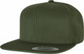 A YP001 snapback hat by Flexfit By Yupoong is displayed. It features a flat brim with a sticker that says Snapback and Yupoong Since 1974. The green hat is plain, without any additional designs or logos.