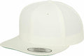 A plain white baseball cap with a flat brim and round crown, featuring a snapback closure at the back. The underside of the visor has a subtle green hue, and the brim displays a label that reads "Snapback." The product is known as YP001 by Flexfit By Yupoong.