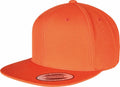A vibrant orange YP001 snapback hat with a flat brim, featuring a round sticker on the brim that reads "The Authentic Snapback Flexfit By Yupoong Since 1974.