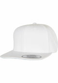A plain YP001 snapback cap with a flat brim from Flexfit By Yupoong. A round sticker on the front of the brim displays brand details. The cap is showcased against a plain white background.