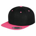 A Flexfit By Yupoong snapback cap (YP002) featuring a black design with a pink visor and pink accents.