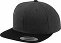 A Flexfit By Yupoong YP002 snapback cap, featuring a black bill and dark gray design. The cap includes a classic snapback sticker on the brim, set against a plain white background to emphasize its details.