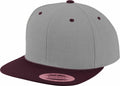 Flexfit By Yupoong's YP002 gray and maroon snapback cap, featuring a sticker on the flat brim.
