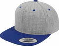 A YP002 gray snapback hat by Flexfit By Yupoong, featuring a dark blue brim and a circular sticker on the front of the brim.