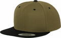 Olive green snapback cap with a flat black brim from Flexfit By Yupoong. The hat, known as YP002, features a small black button on top and black eyelets for ventilation. It has a circular label attached to the brim indicating the type and brand.
