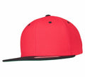 A vibrant red YP002 baseball cap by Flexfit By Yupoong, featuring a sleek flat black brim. The cap showcases a classic design with a round crown and distinctive black accents on the top button and eyelets.