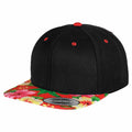 Flexfit By Yupoong's YP003 black snapback cap features a colorful floral-patterned brim and red button details.