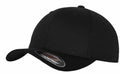 Flexfit By Yupoong YP004 is a black baseball cap featuring a curved brim and a sticker on the underside.