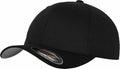 A Flexfit By Yupoong YP004 black baseball cap featuring a curved brim and a small sticker on the front.