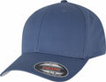 A YP004 blue baseball cap with a curved brim and a Flexfit By Yupoong tag on the front, displayed against a white background.