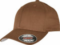 A brown baseball cap with a curved brim, featuring a sticker on the front that displays the brand Flexfit By Yupoong and size S/M, known as product YP004.