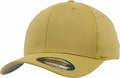 A yellow YP004 baseball cap with a curved brim and a Flexfit By Yupoong sticker on the front.