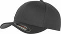 A YP004 black baseball cap by Flexfit By Yupoong, featuring a curved brim and a sticker on the visor.