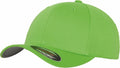 A bright green YP004 baseball cap by Flexfit By Yupoong, featuring a curved brim with a sticker, showcasing a minimalist design made from fabric.