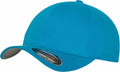 A vibrant baseball cap in bright blue featuring a curved brim and adorned with a sticker on the front, from the Flexfit By Yupoong collection, product code YP004.