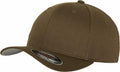 A baseball cap from Flexfit By Yupoong, model YP004, featuring a curved brim and a visible label on the front, crafted from fabric material in brown.