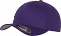A YP004 baseball cap from Flexfit By Yupoong, featuring a curved purple brim with a gray underside and a sticker displaying the brand's logo and tagline.