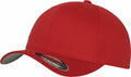 Introducing the YP004, a vibrant red baseball cap designed by Flexfit By Yupoong, featuring a gently curved brim and its signature sticker.