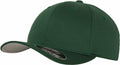 The YP004 by Flexfit By Yupoong is a green baseball cap featuring a curved brim and a gray underbill, complete with air vents on top and a Flexfit sticker on the brim.
