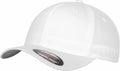 A white YP004 baseball cap from Flexfit By Yupoong features a visible label on the brim. It comes with a curved visor, six panels each with a small vent hole, and the brand logo is partially visible on the label.