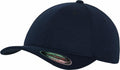 A Flexfit By Yupoong navy blue baseball cap with a curved brim and a sticker on the front, identified as product YP006.