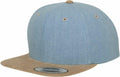 A YP009 snapback cap from Flexfit By Yupoong featuring a light blue top with a beige brim and a front sticker.
