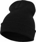 Flexfit By Yupoong's YP012 is a black knitted beanie featuring a folded brim, displayed against a white background.
