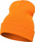 Flexfit By Yupoong's YP012 beanie in bright orange, featuring a folded cuff, displayed against a white background.