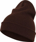 Introducing the Flexfit By Yupoong YP012, a brown beanie with a ribbed texture, displayed at a slight angle and featuring a folded brim.