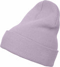 A light purple Flexfit By Yupoong knit beanie with a folded brim, model YP012.