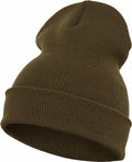 A Flexfit By Yupoong YP012 beanie hat in green, featuring a folded brim and shown against a white backdrop.