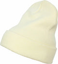 A soft, light yellow YP012 knit beanie hat by Flexfit By Yupoong, featuring a folded brim and displayed on a white background.