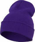 A YP012 knit beanie hat in purple, featuring a folded brim, from Flexfit By Yupoong, displayed against a white background.