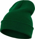 A Flexfit By Yupoong YP012 green knitted beanie hat with a folded brim, showcased on a plain white background.