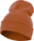 The Flexfit By Yupoong YP012 is a warm, brown knit beanie featuring a ribbed texture. It boasts a smooth, rounded shape with an upturned brim.