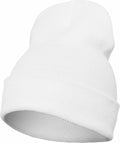 A close-up image of the Flexfit By Yupoong YP012, a plain white knit beanie featuring a rolled-up cuff, isolated on a white background.