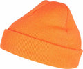 Flexfit By Yupoong's YP013 — a vibrant orange knit beanie featuring a folded brim.