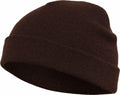 A side view of the Flexfit By Yupoong YP013 knitted beanie in brown, featuring a folded brim against a plain white background.