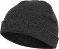 The YP013 beanie hat by Flexfit By Yupoong is a dark gray, knitted design featuring a folded brim. It's highlighted against a white background, showcasing its soft and warm fabric, perfect for cold weather.