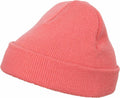A YP013 bright pink knitted beanie hat by Flexfit By Yupoong, featuring a turned-up cuff and angled slightly to the side on a white background.