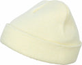 A light yellow knit beanie hat with a folded brim, viewed from the side, from Flexfit By Yupoong's YP013 collection.